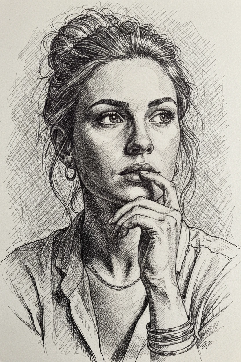 Pensive girl ink portrait with hand at her lips