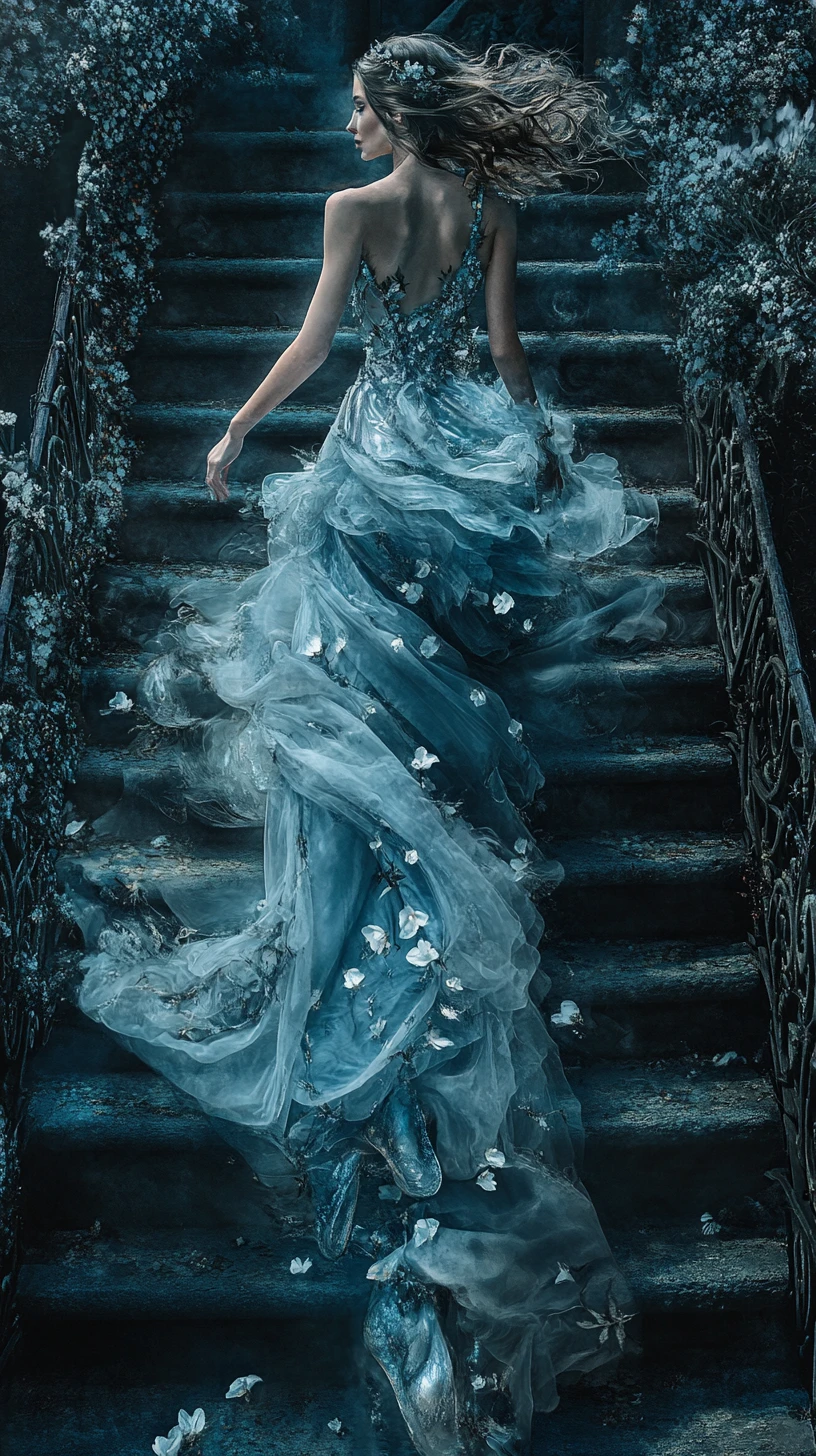Elegant woman on surreal floral staircase in cool tones