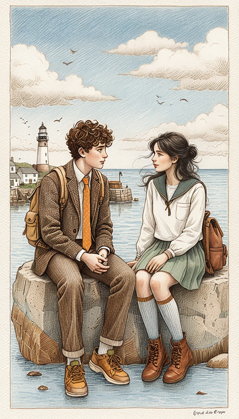 Teenage couple talking on a seaside rock illustration