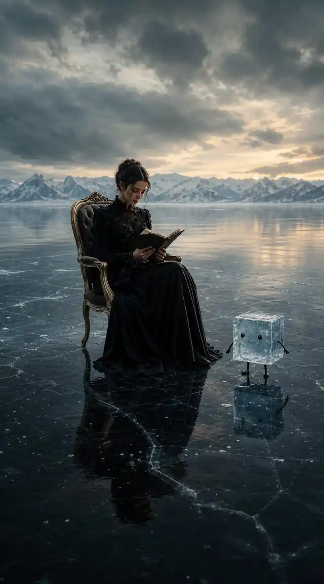 Woman reading on a vintage chair on a frozen lake