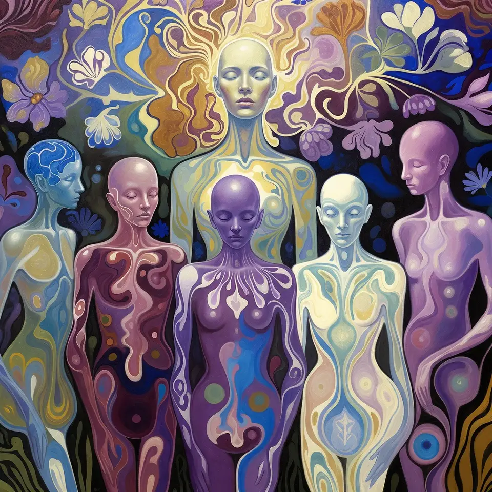 Esseri mistici surreali davanti a una divinità androgina e radiante