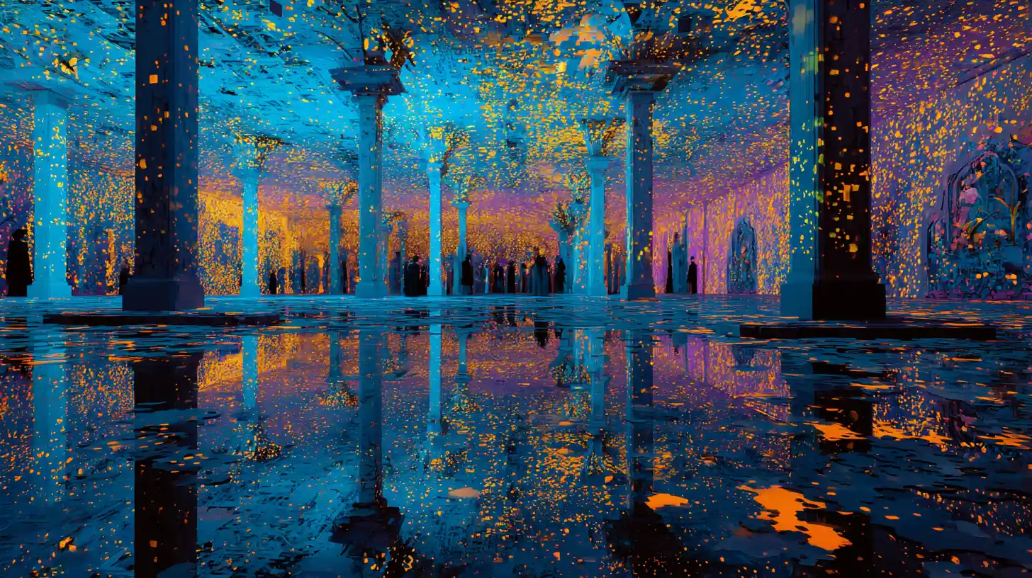 Surreal alien library glowing at the heart of Atlantis