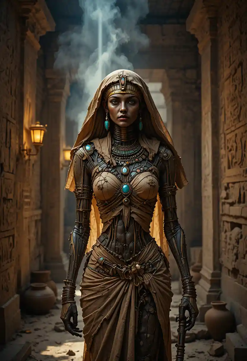 Ancient jeweled egyptian mummy in a sunlit tomb corridor