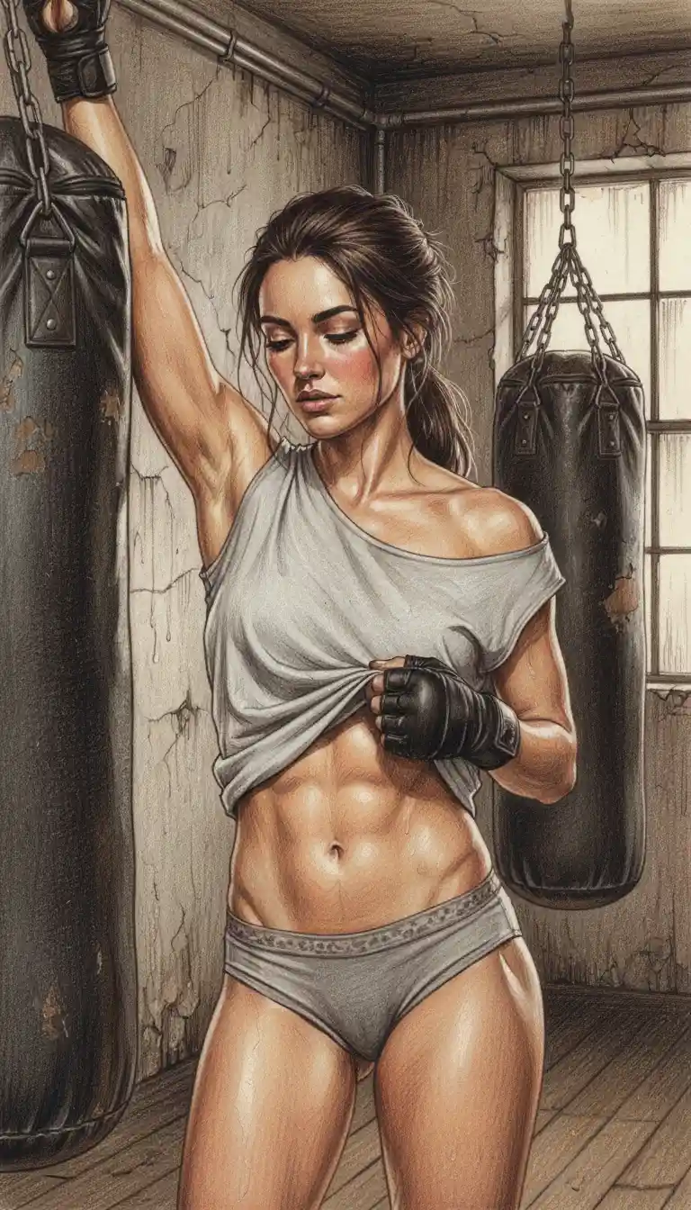 Athletic woman in boxing gym rendered in pen and pencil