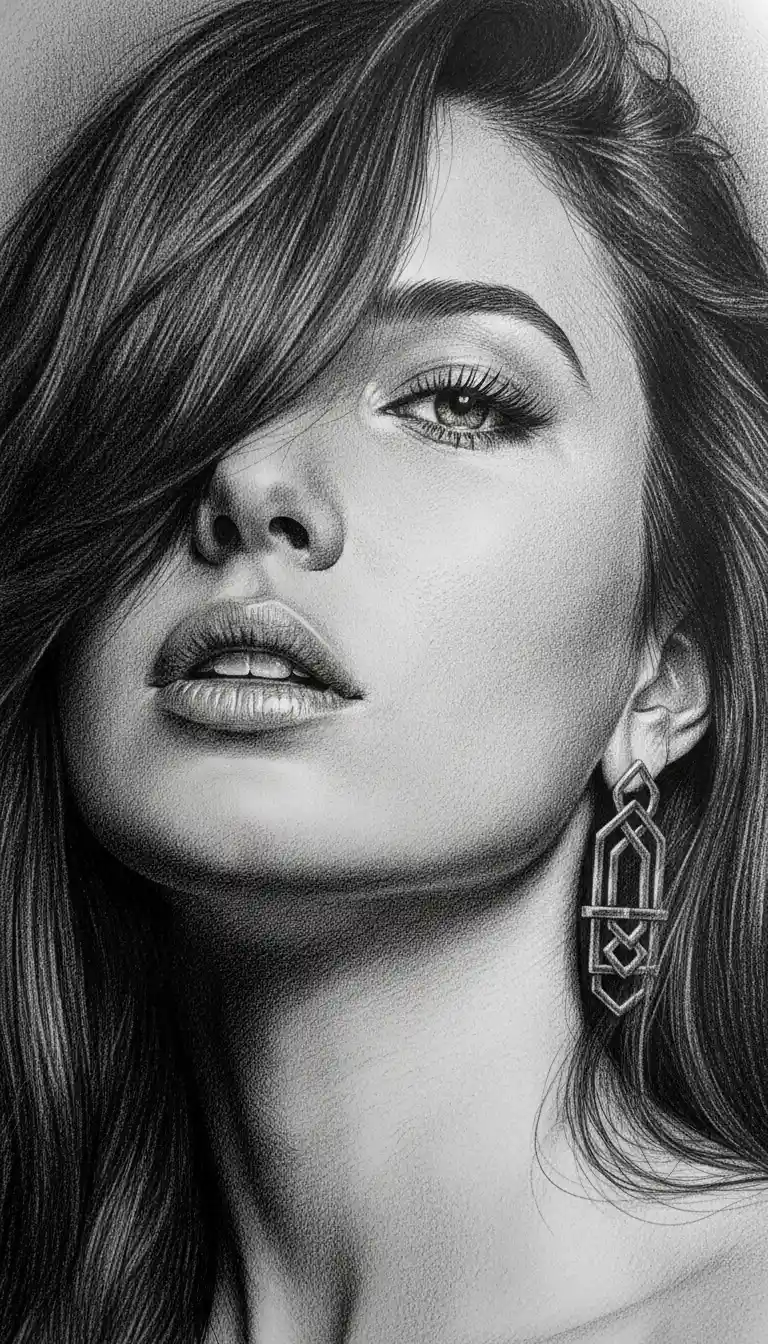 Graphite portrait of a mysterious girl in close up