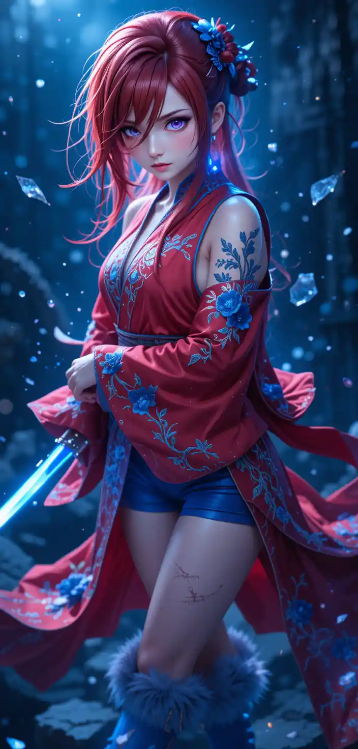 Anime warrior girl with katana and glowing guild sigils