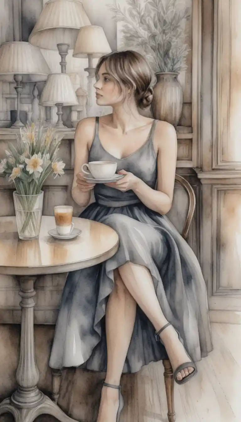 Young woman holding a coffee cup in a graphite cafe scene