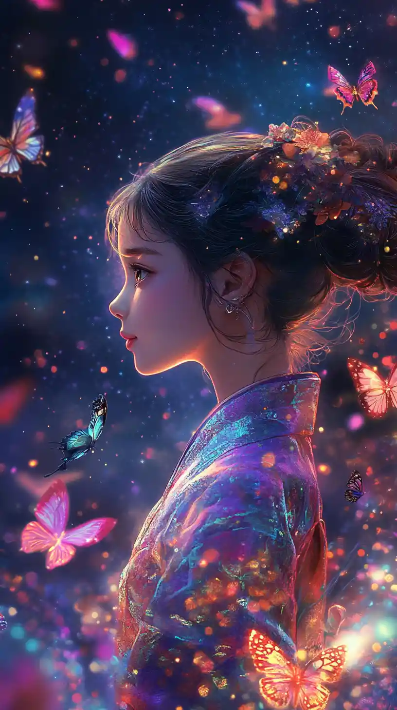 Iridescent girl with glowing butterflies under cosmic sky