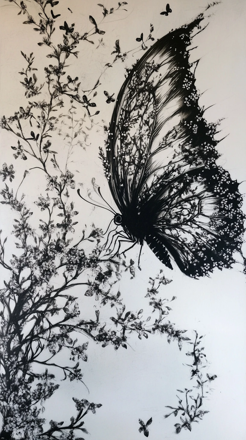 Surreal flowering branches transforming into delicate butterfly wings
