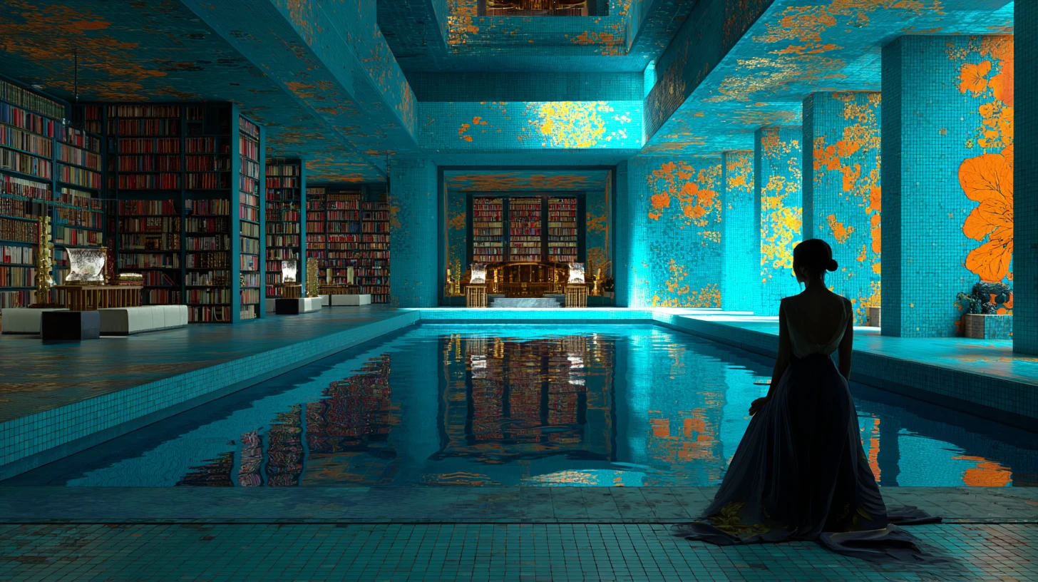 Surreal alien library glowing in the heart of Atlantis