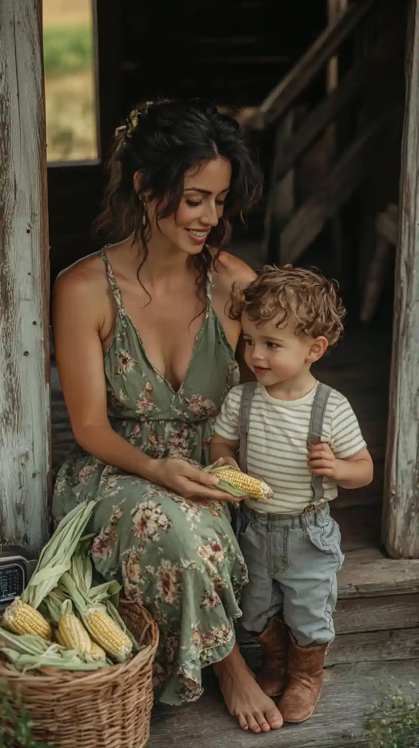 Woman and toddler sharing a quiet rustic doorstep moment