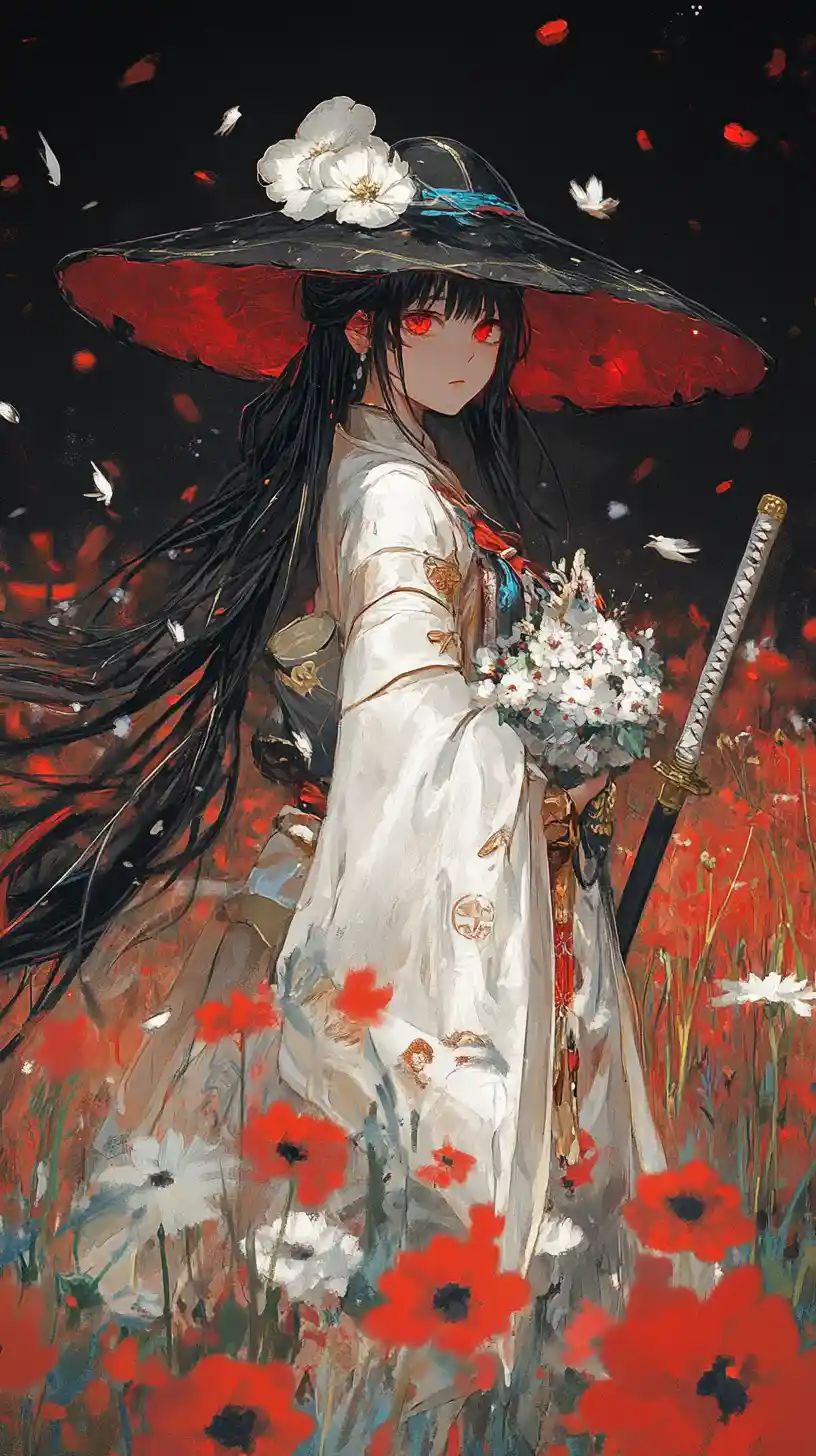 Anime girl walking through a bright flower meadow with cat