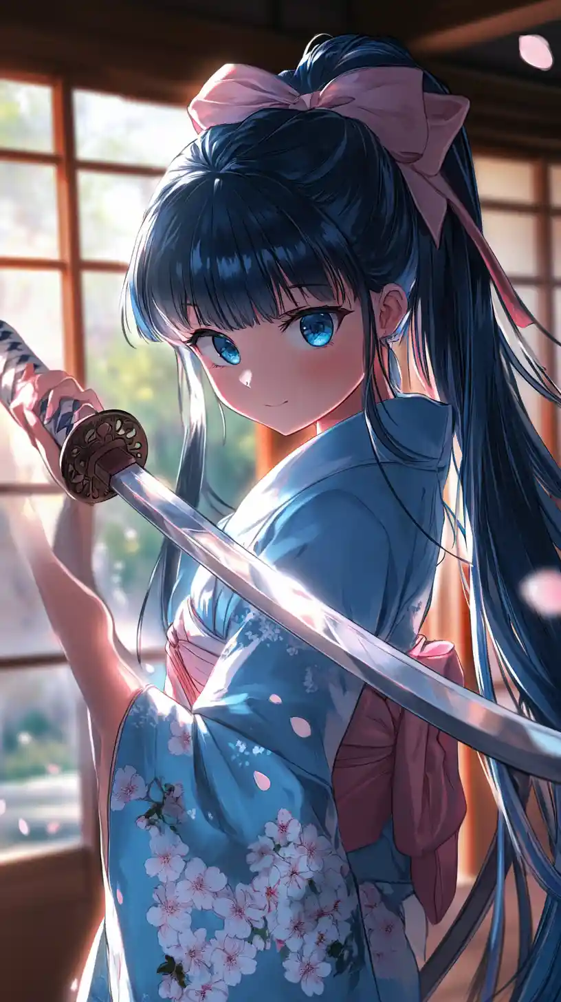 Anime girl with katana in a serene Japanese dojo
