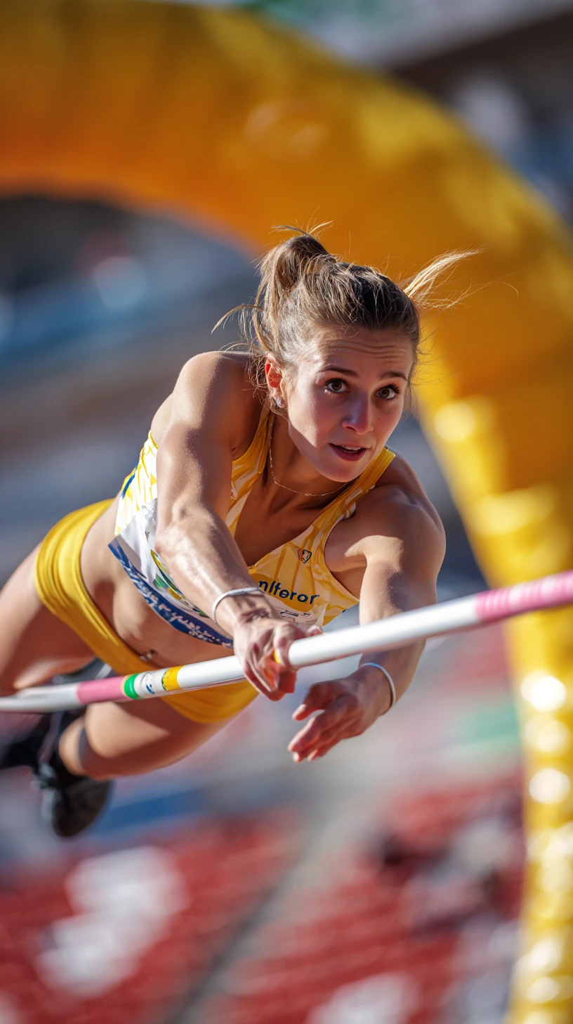 Female pole vaulter captured mid inversion in bright stadium