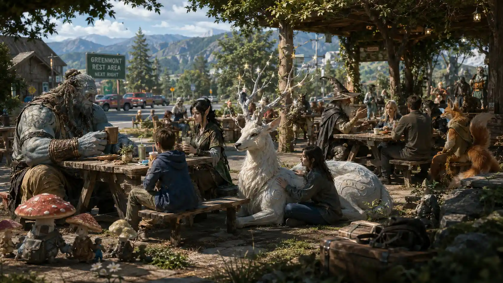 Fantasy travelers sharing a peaceful roadside picnic together