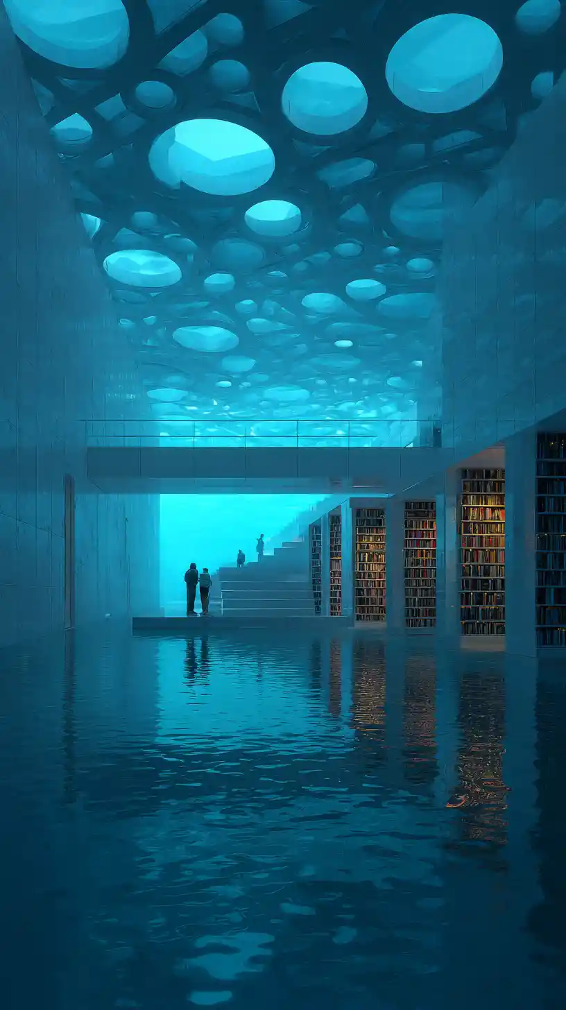 Surreal Atlantean library with books and holographic archives