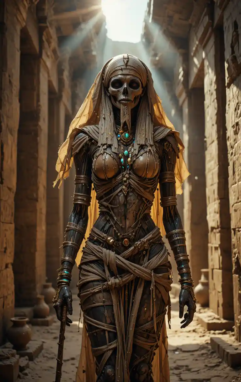 Cinematic portrait of jeweled egyptian mummy in ancient tomb