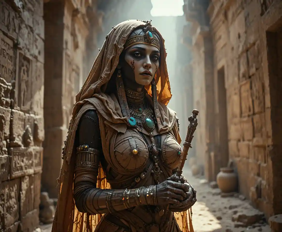 Cinematic portrait of an ancient jeweled Egyptian mummy woman