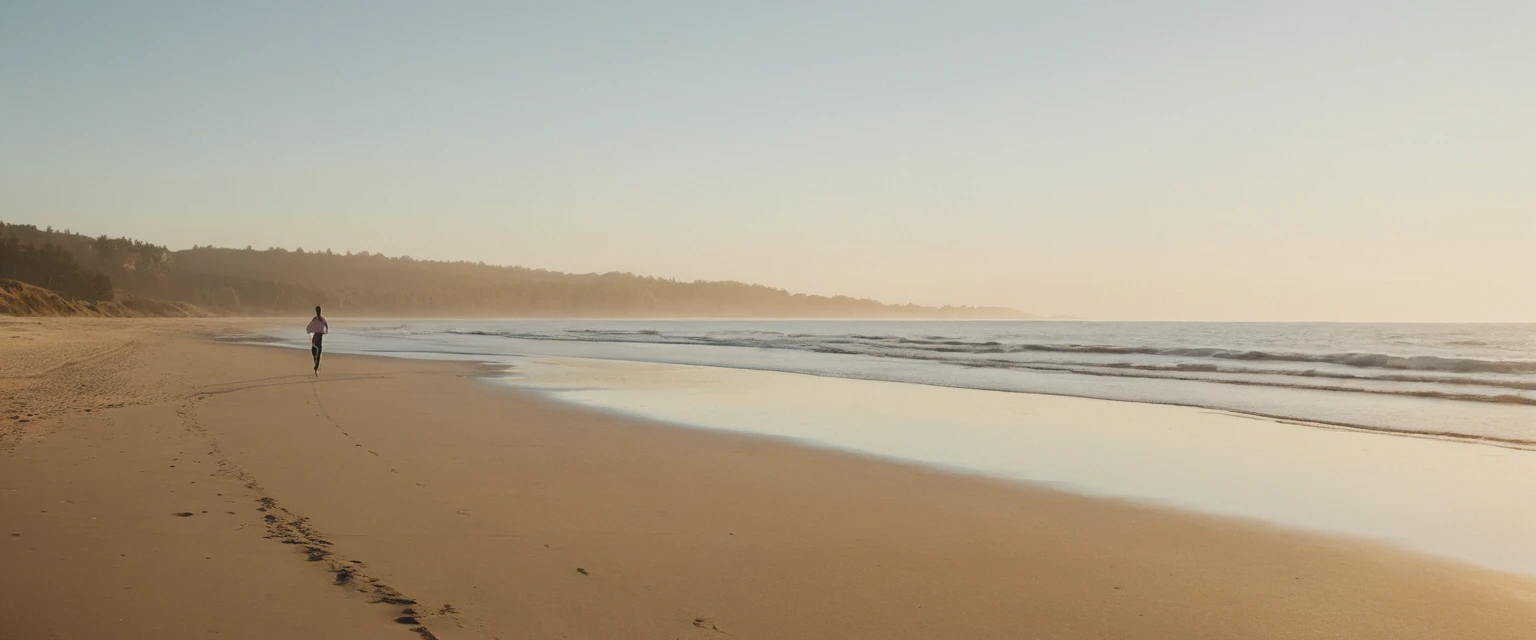 Lone woman jogging along a tranquil beach at sunset