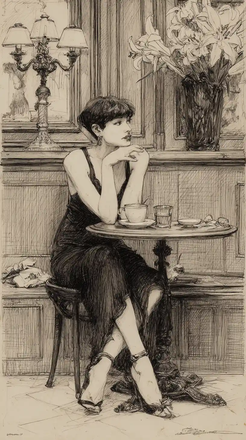 Jeune femme avec une tasse de café dans une scène de café au graphite