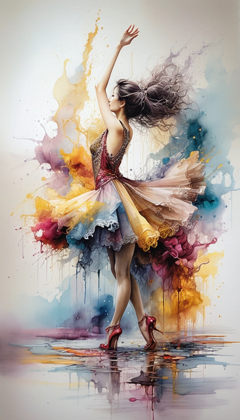 Elegant woman walking with colorful ink umbrella