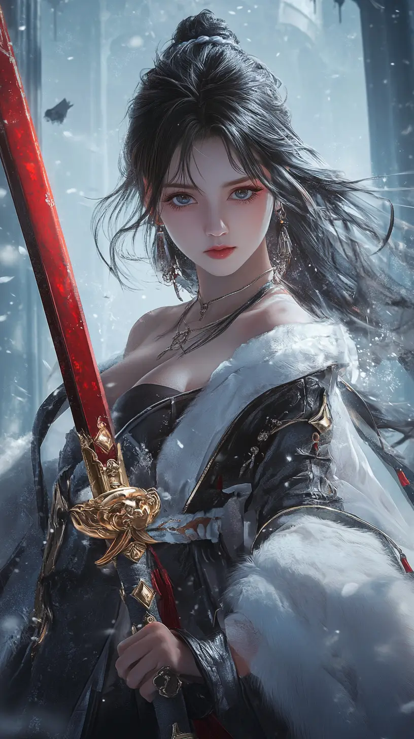 Anime girl wielding a black and red katana in battle stance