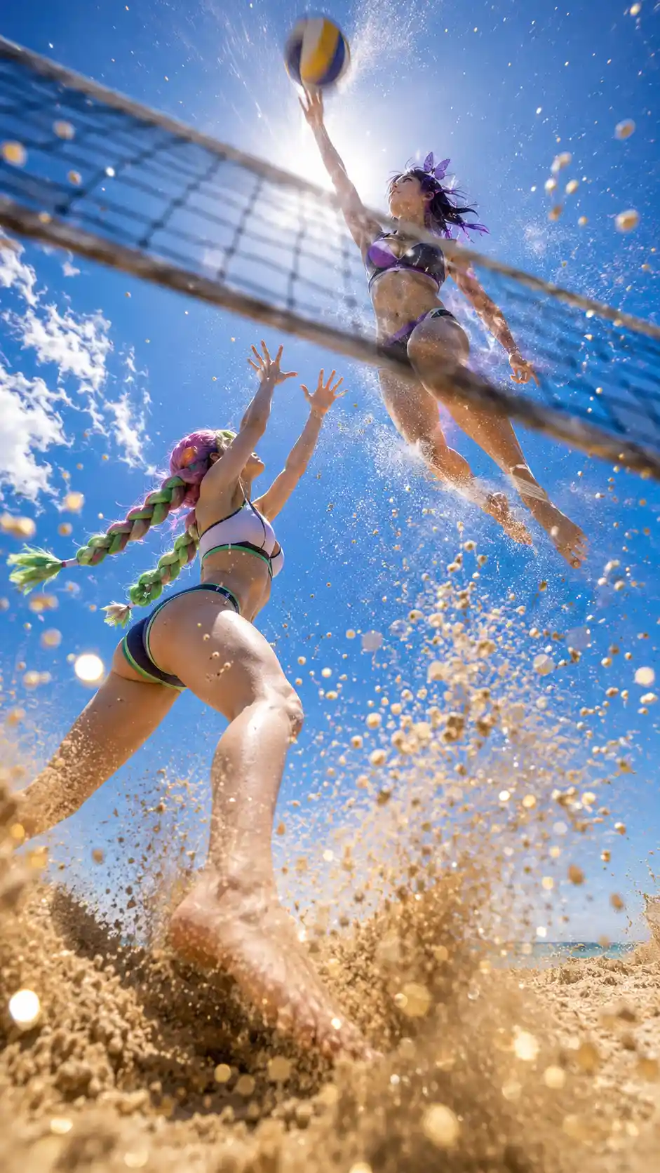 Worms eye view of woman spiking volleyball over beach net