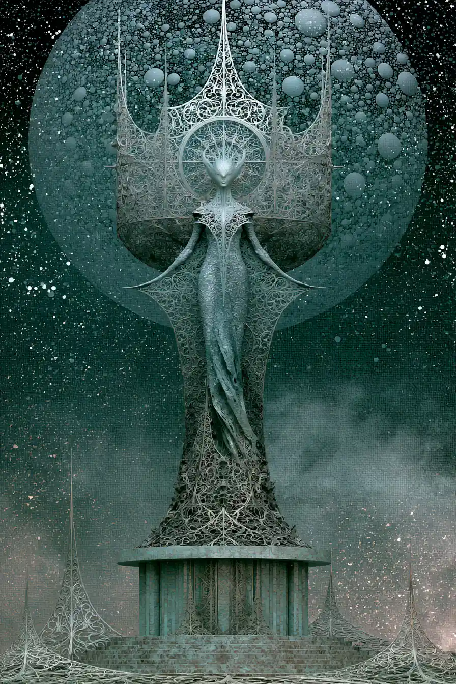 Ancient futuristic alien city glowing with surreal technology