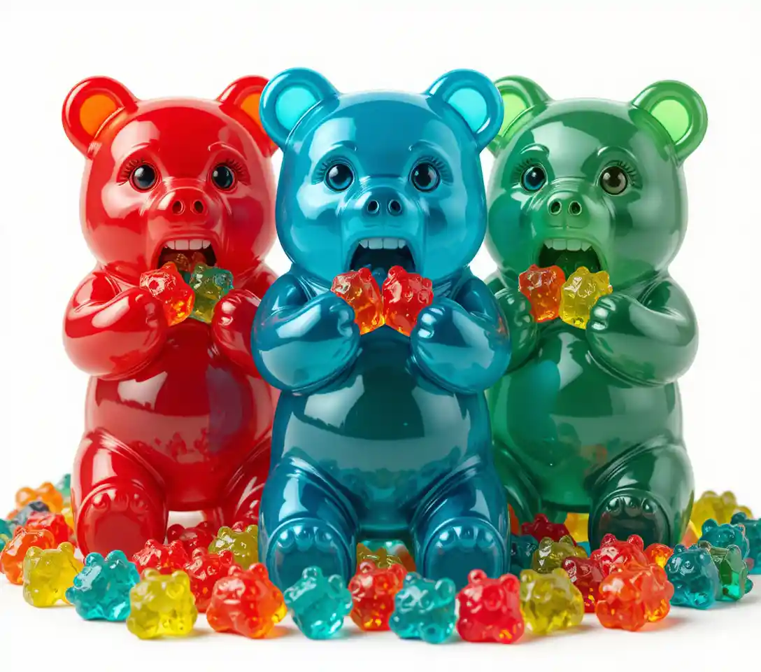 Three colorful gummy bears eating tiny sour candies