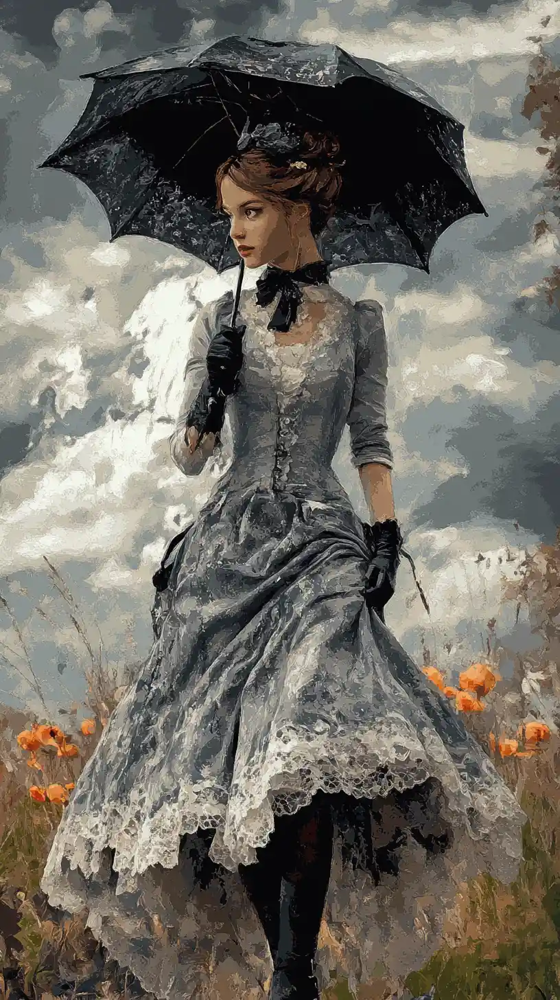 Anime girl with umbrella in a moonlit tulip garden