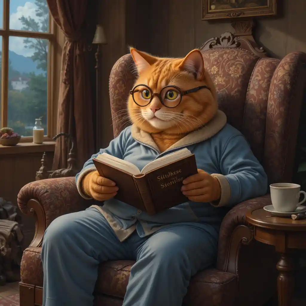 Gato ruivo de pijama lendo ao lado de uma lareira aconchegante