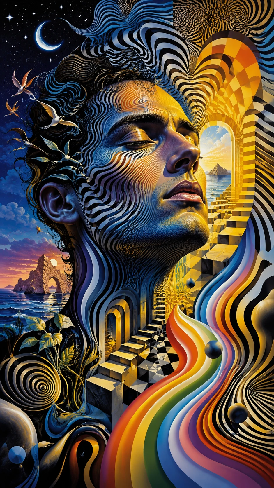 Male face emerging from shifting rainbow geometric shadows