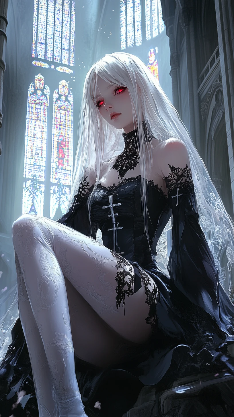 Silver haired anime woman in gothic cathedral light