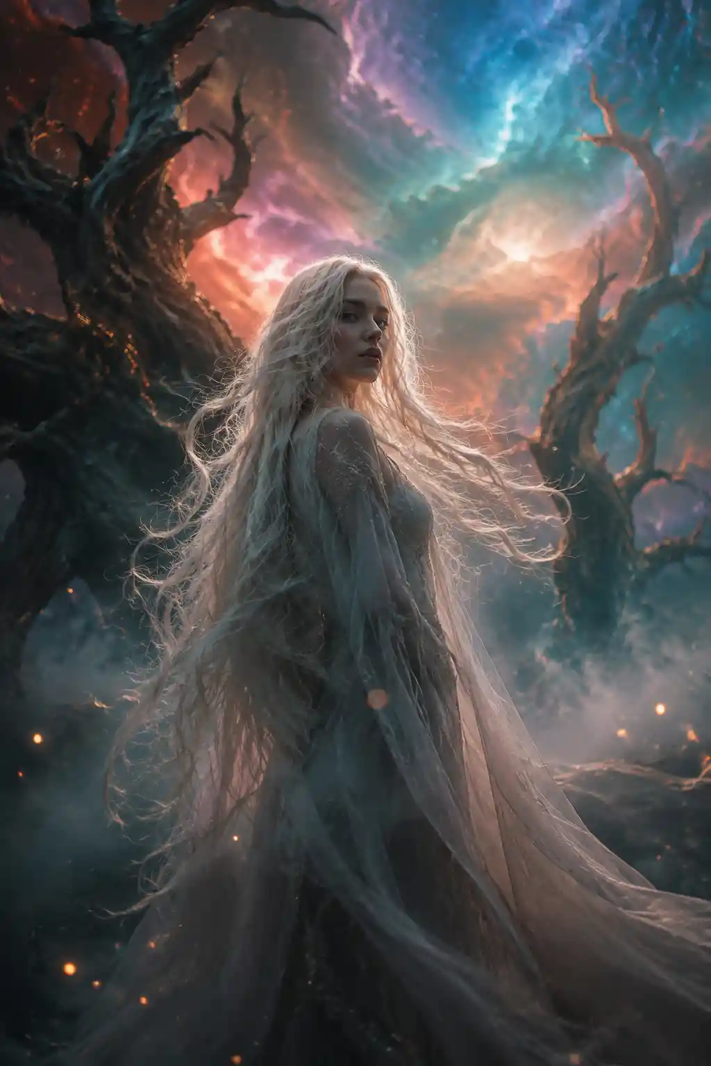 Mystical woman in glowing mist within a twisted forest