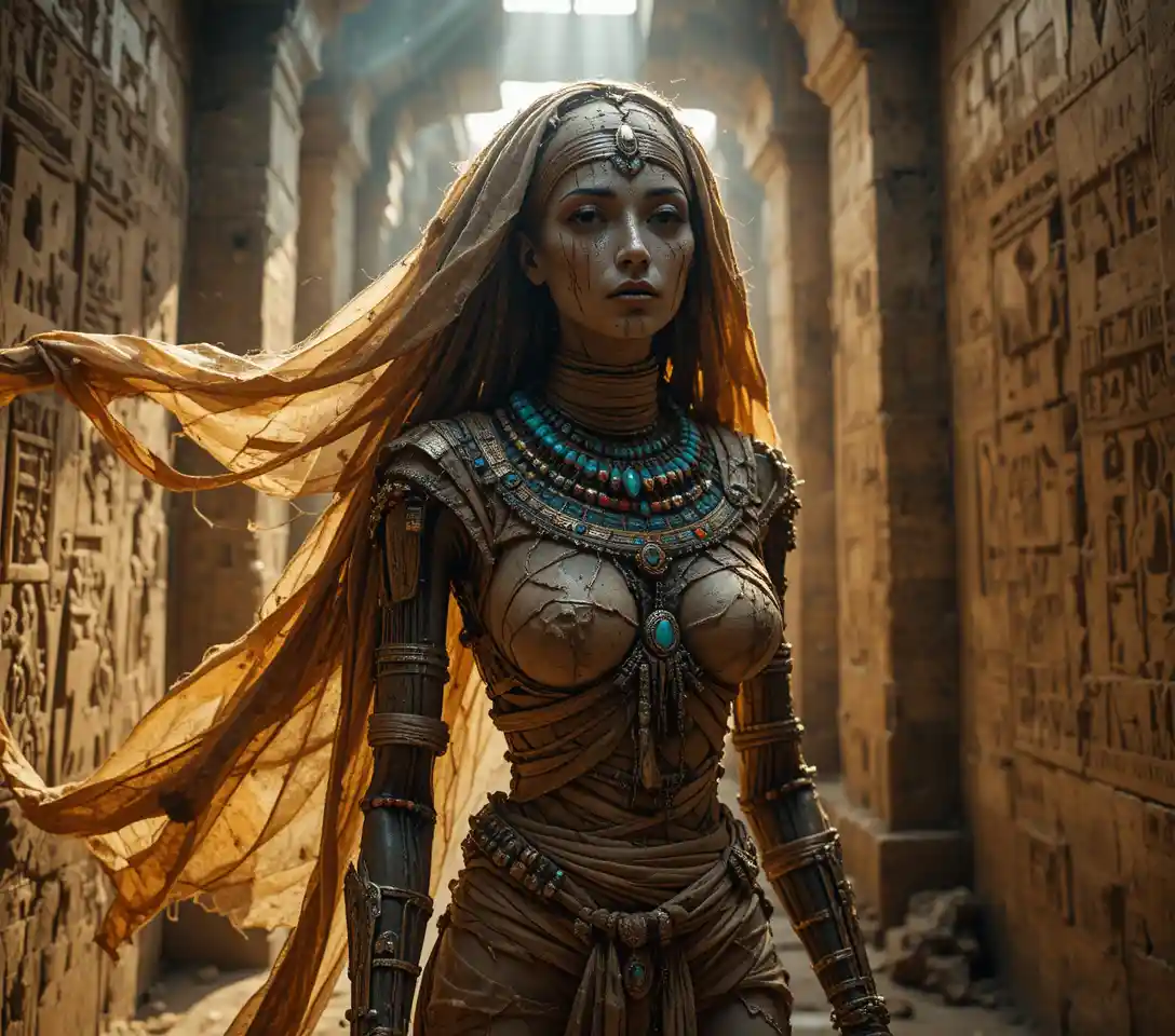 Cinematic portrait of jeweled egyptian mummy in ancient tomb