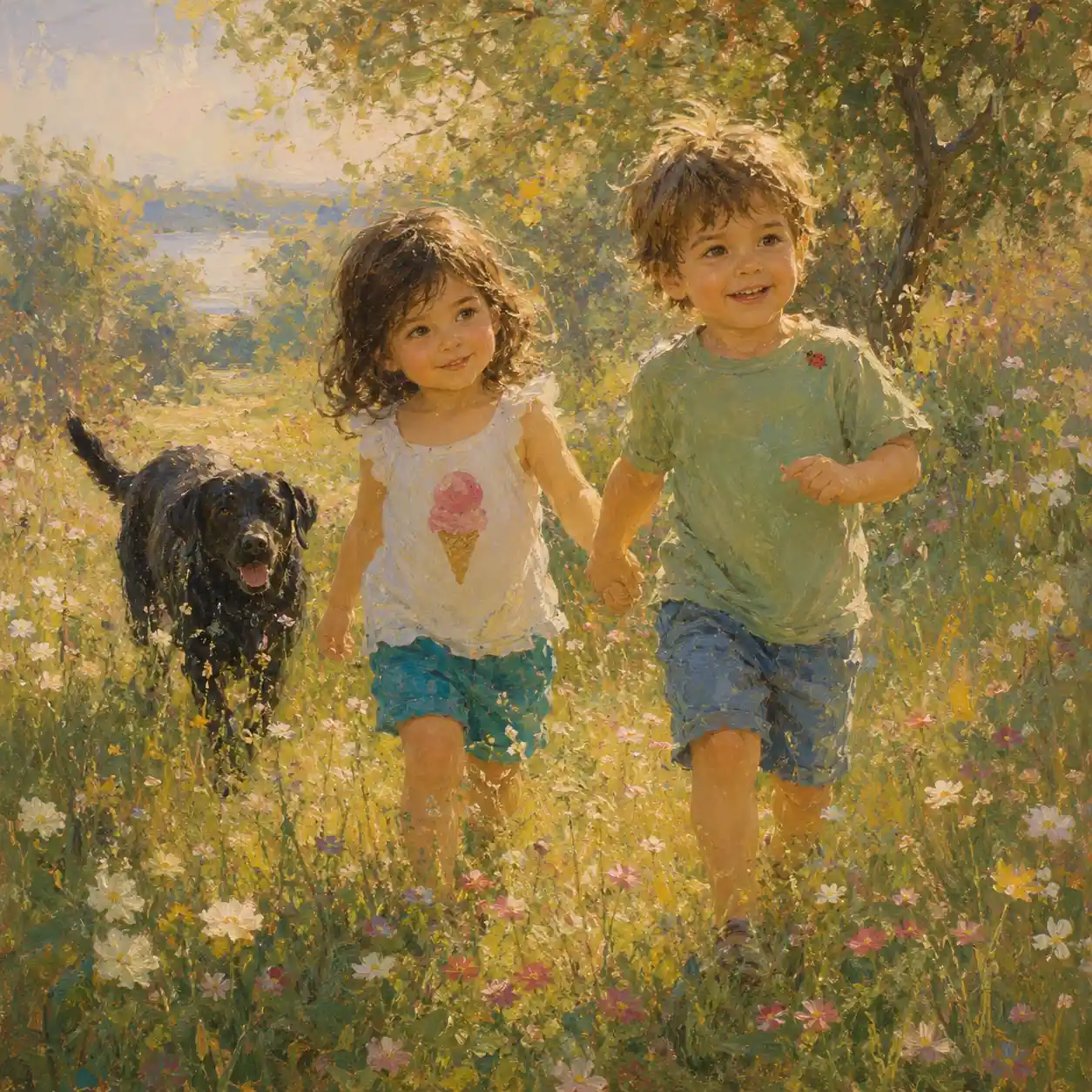 Bambina che cammina in un caldo campo di fiori impressionista