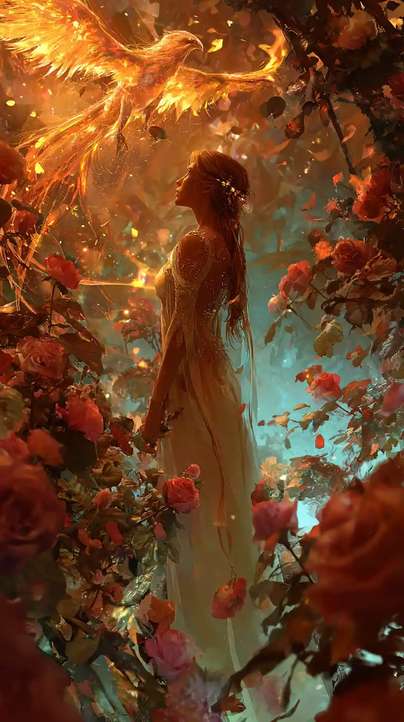 Majestic woman with phoenix in a glowing fantasy garden