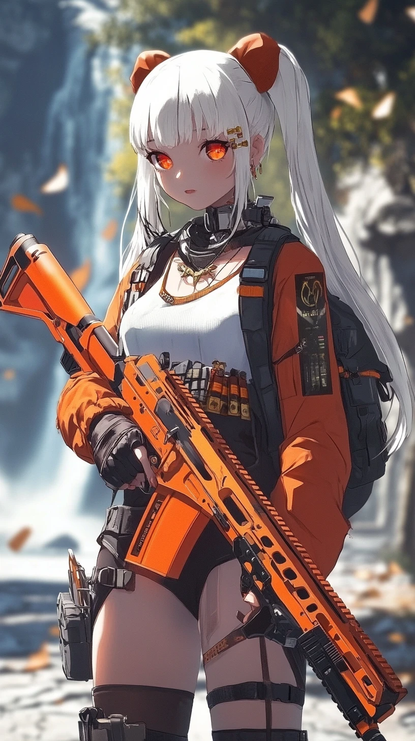 Anime girl with worn assault rifle in winter street ruins