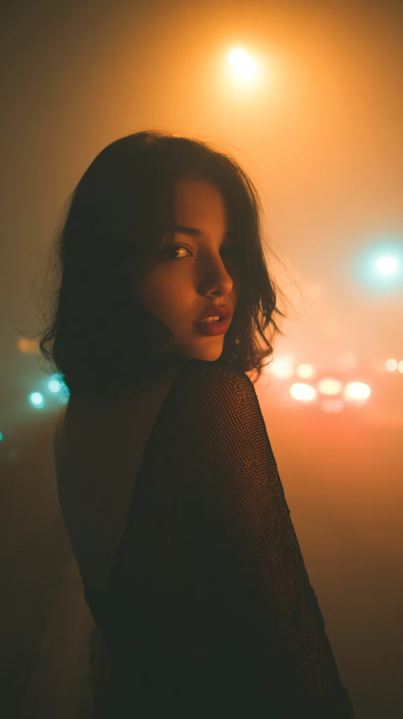 Mysterious woman in black and white on a foggy night