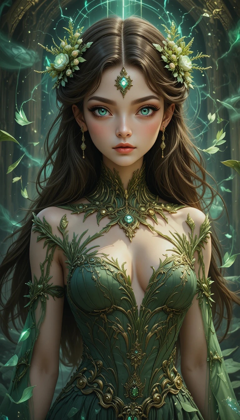 Fantasy girl with emerald eyes and living royal dress