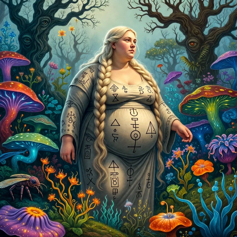 Enchanting woman strolling through a surreal magical garden