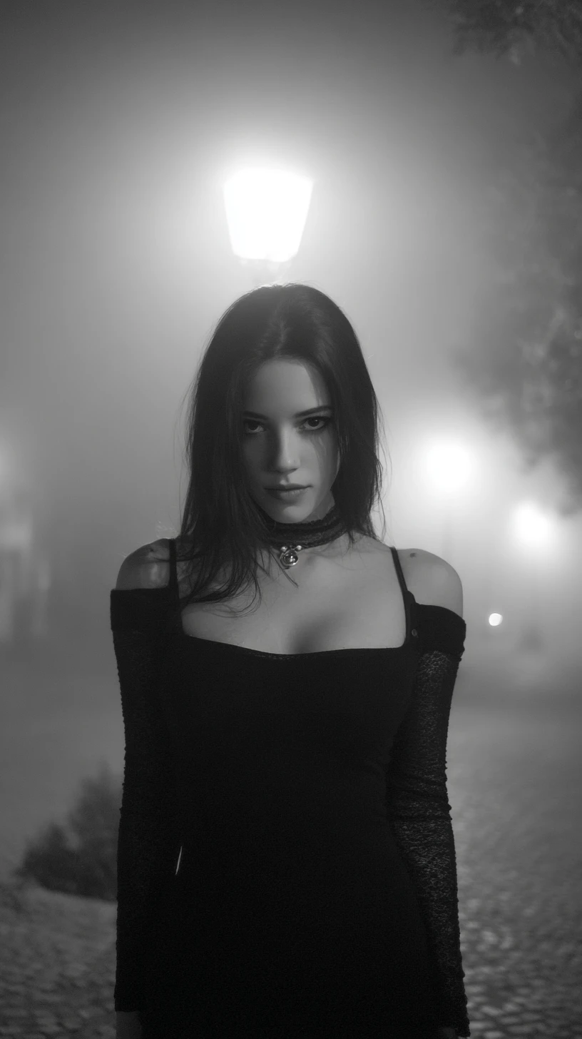 Beautiful woman portrait in a foggy black and white night