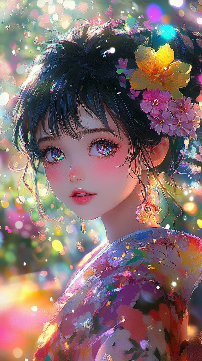 Anime-Mädchen im Blumen-Kimono zwischen leuchtenden Fantasieblumen