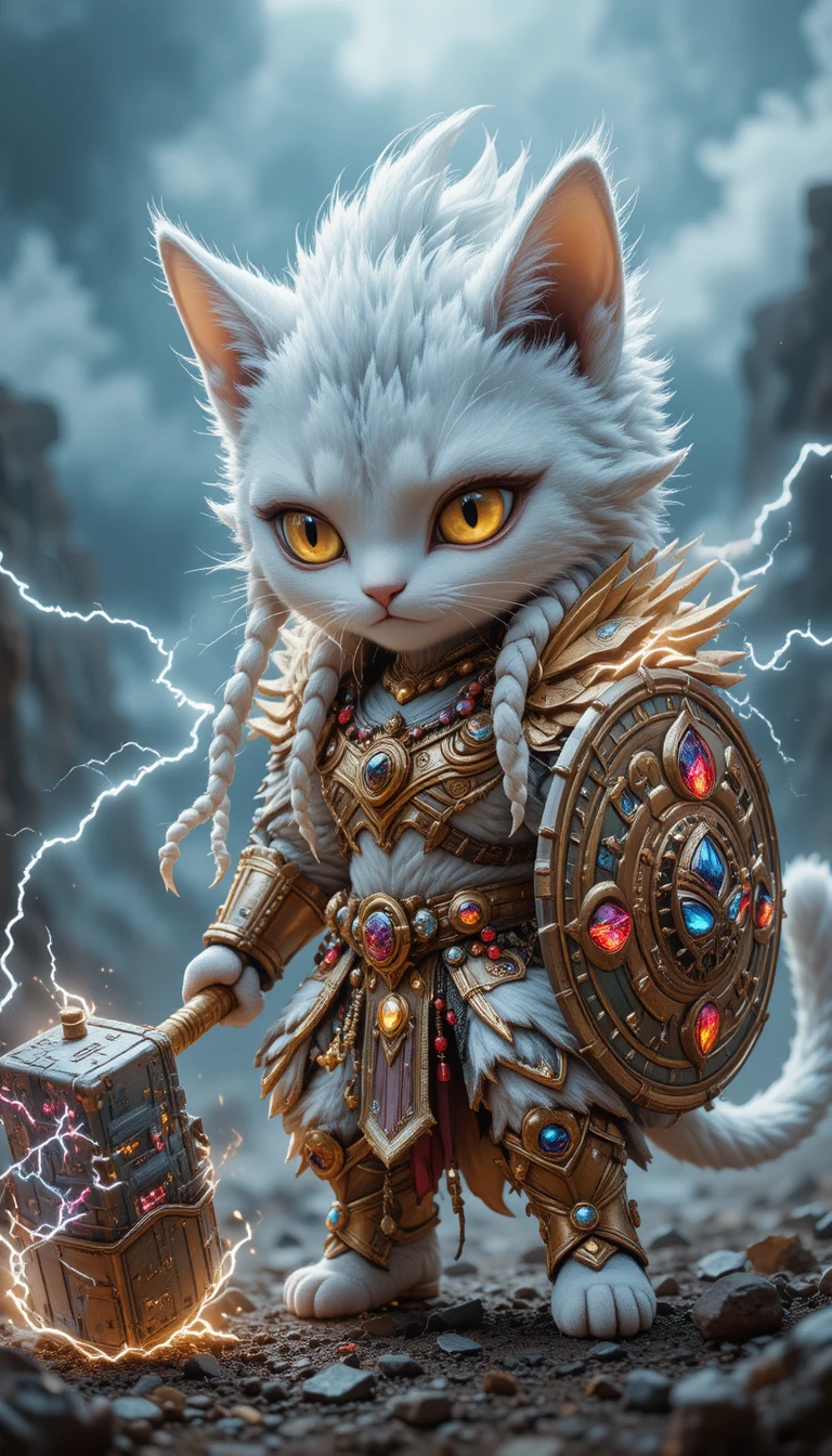 Chibi feline warrior with hammer in stormy battlefield