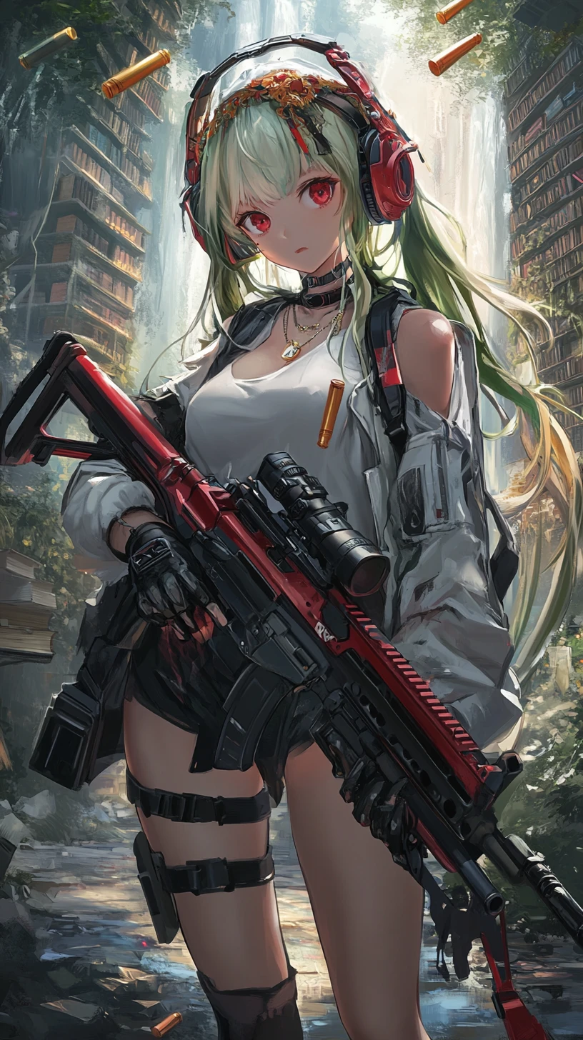 Anime girl holding worn assault rifle in winter outfit