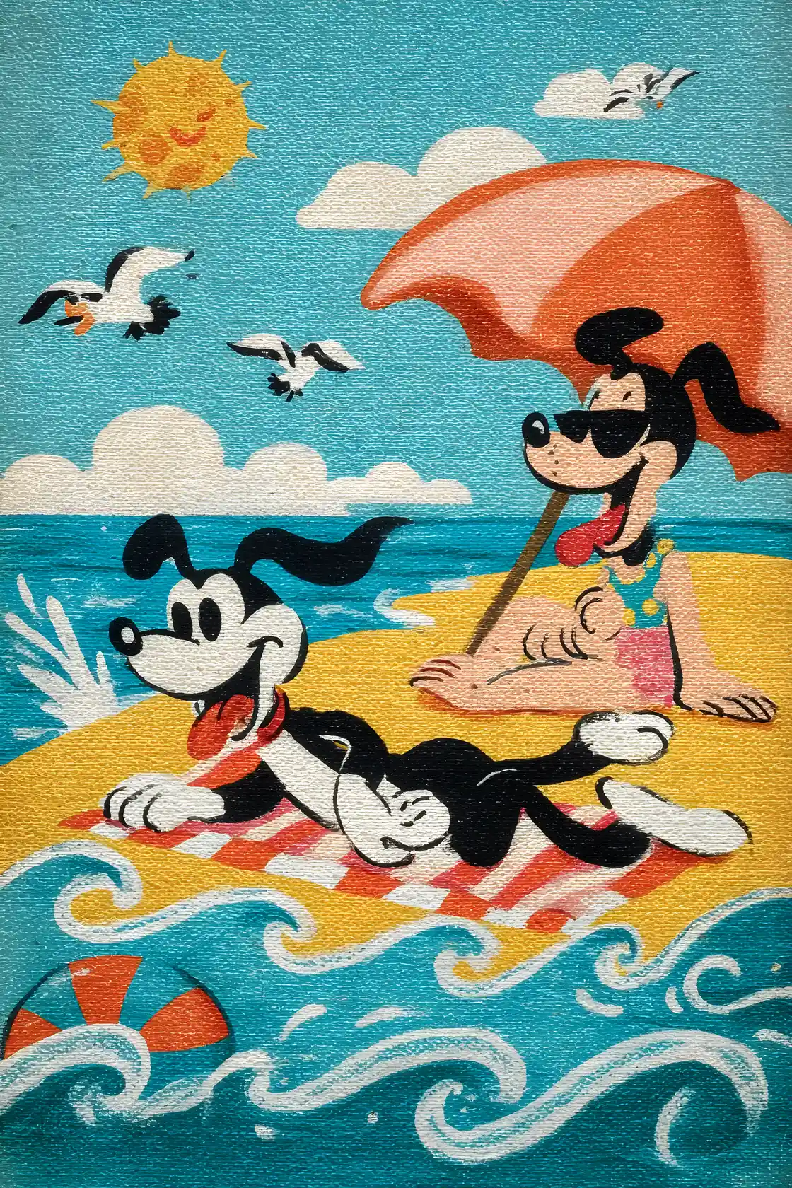Cheerful Cartoon Dog And Owner Relaxing On Summer Beach