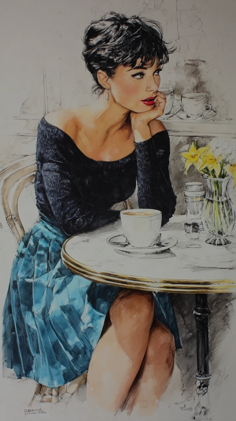 Young woman with coffee in a vintage cafe drawing