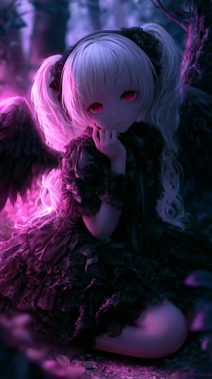 Gothic anime girl with white hair in enchanted forest