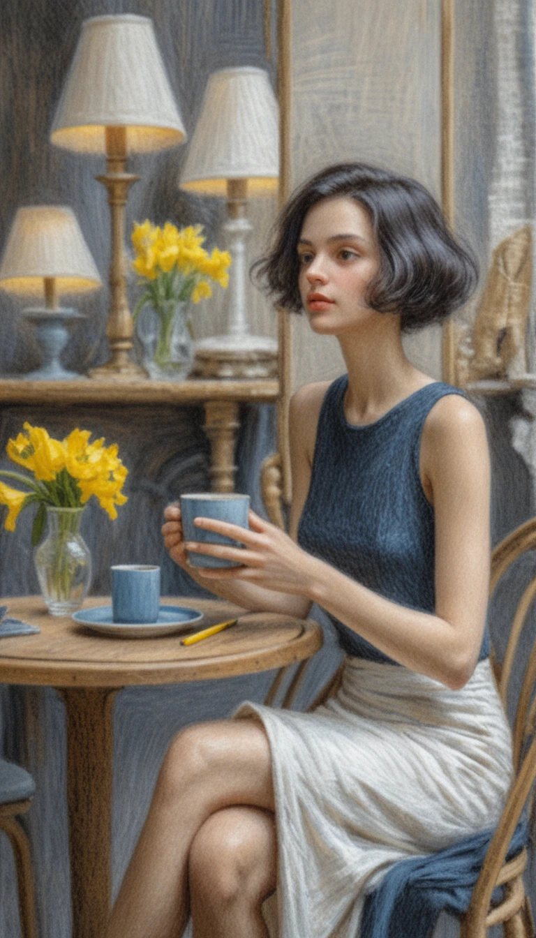 Young woman with coffee in a cozy cafe drawing