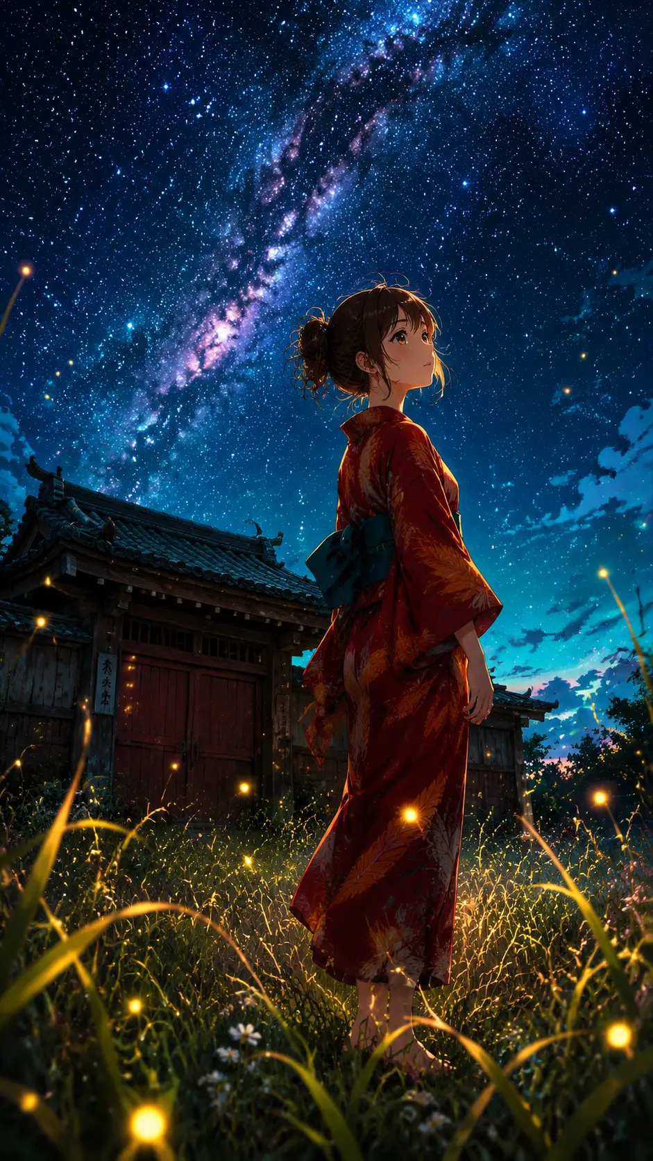 Anime girl in red yukata under starry summer sky